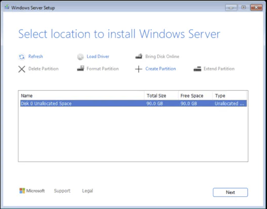 Select installation disk for Windows Server 2025